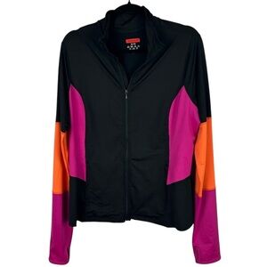 Spanx Mod Bod Black Neon Pink Orange Colorblock Full Zipped Jacket Size XL